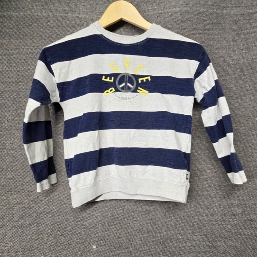 Okaidi‎ Boys Navy Blue Grey Striped Be Green Peace Sign Sweatshirt Size 8 128cm